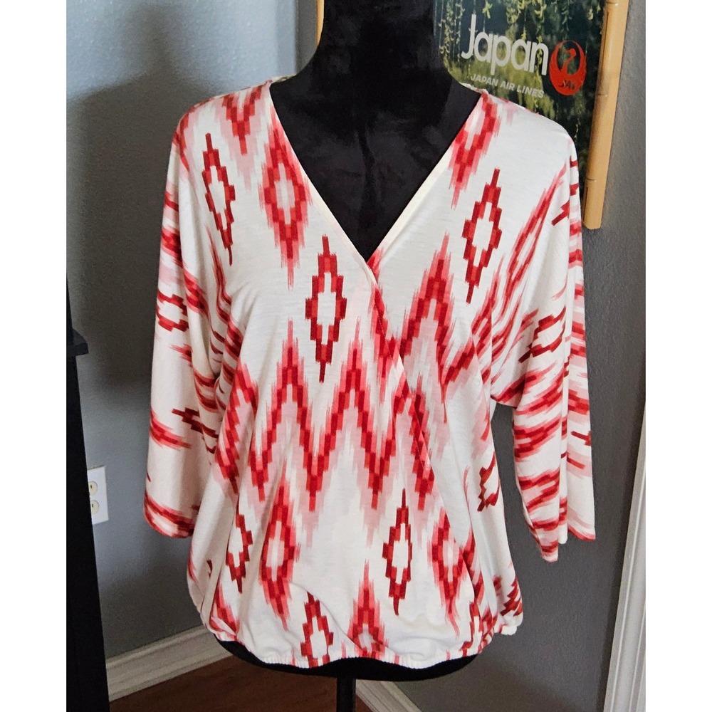 Wrangler Blouse Small Boho Ikat Red White Crochet Back‎ Peasant Aztec Peasant
